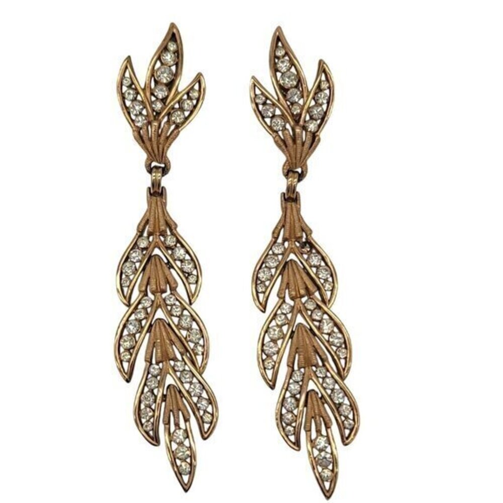 Crown Trifari Drop Dangle Rhinestone Earrings Clip